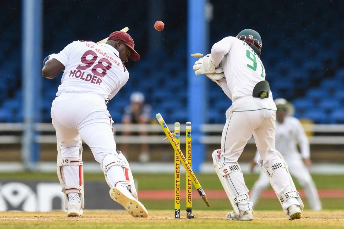 Demolished! Jason Holder loses his off stump to Aiden Markram for 36
