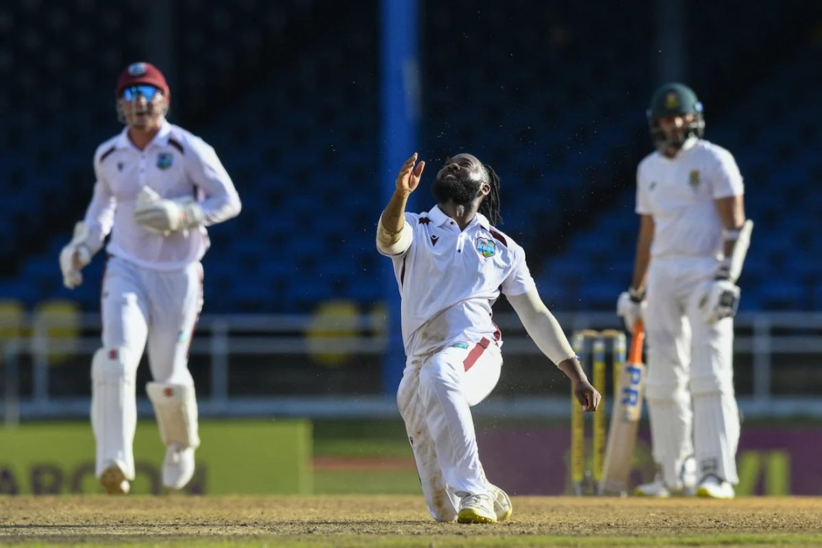 Jomel Warrican celebrates after dismissing Keshav Maharaj caught
and bowled for 0, as he snared 3-66 to lead the West Indian fightback.
