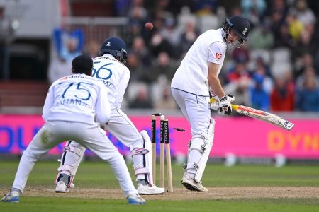 England’s Harry Brook was bowled by Sri Lanka’s Prabath Jayasuriya for 56. (ESPN Cricinfo Photo)