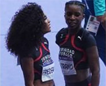 THE FUTURE: Young Trinidad and Tobago sprinters Sanaa Frederick, left, and Leah Bertrand, after the second Olympic Games women’s 4x100 metres qualifying round heat at the Stade de France, in Paris, on Thursday. The Team TTO quartet--Akilah Lewis, the Frederick twins, Sole and Sanaa, and Bertrand--clocked 43.99 seconds to finish eighth. They did not advance to the final. Bertrand was the T&T flagbearer at yesterday’s closing ceremony at Stade de France.
—Photo: BRENT STUBBS
