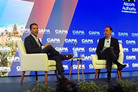 Vice President of International Operations at America Airlines, Jose Freig, left, and Regional Vice President, IATA, Peter Cerda speak during a panel discussion at the opening ceremony of CAPA  Airline Leader Summit Latin America and Caribbean at the Hyatt Regency, Port of Spain