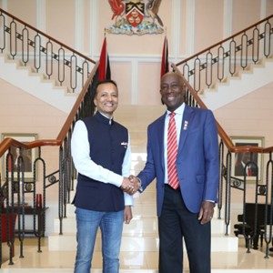 Jindal Steel and Power Limited Chairman Naveen Jindal, left, meeting with Prime Minister Dr Keith Rowley at the Diplomatic Centre on June 17.