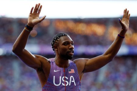 Noah Lyles of United States celebrates after winning heat 6. REUTERS/Sarah Meyssonnier 