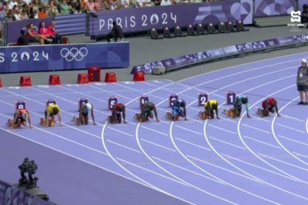 Guyana’s Emmanuel Archibald in Lane 6 (4th from left) under the starters orders yesterday in the heats of the men’s 100m