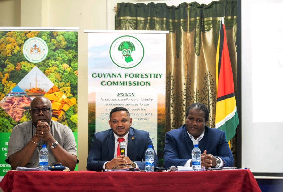 Minister of Natural Resources Vickram Bharrat (centre) speaking at the press conference on Wednesday. Also in photo are Permanent Secretary in the ministry, Joslyn McKenzie (right) and Head of the Guyana Geology and Mines Commission, Newell Dennison. (Ministry of Natural Resources photo)