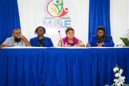 Head table at the announcement of the CSEC and CAPE results, from left: Chief Education Officer Saddam Hosein, Deputy Chief Education Officer (Administration) Tiffany Harvey, Minister of Education Priya Manickchand and Superintendent of Exams Sauda Khadir.