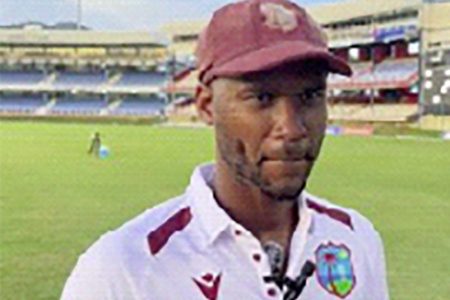 West Indies captain Kraigg Brathwaite speaking to reporters at the end of the drawn first Test against South Africa on Sunday. (Photo courtesy CWI Media)