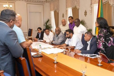 President Irfaan Ali (third from right) and government officials at the meeting (Department of Public Information photo)
