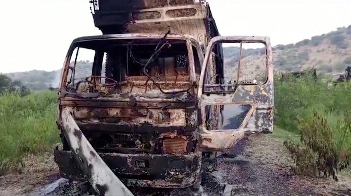 A view shows a charred vehicle, after separatist militants conducted deadly attacks, according to officials, in Balochistan province, Pakistan, August 26, 2024, in this screengrab obtained from a video. Reuters TV via REUTERS