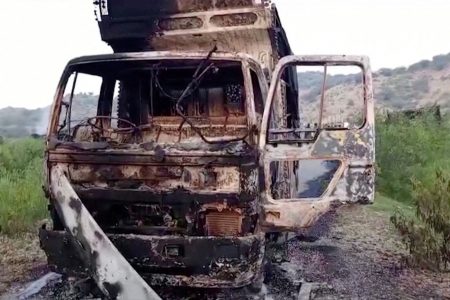 A view shows a charred vehicle, after separatist militants conducted deadly attacks, according to officials, in Balochistan province, Pakistan, August 26, 2024, in this screengrab obtained from a video. Reuters TV via REUTERS