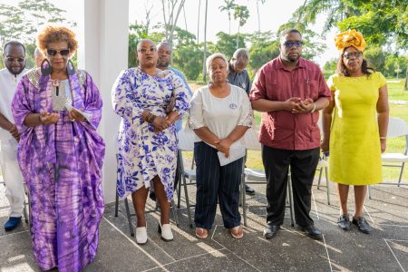 Burnham’s death anniversary: Attendees at the ceremony yesterday commemorating the 39th death anniversary of the Founder Leader of the PNC, Linden Forbes Sampson Burnham at the Mausoleum, Botanical Gardens. (PNCR photo) 