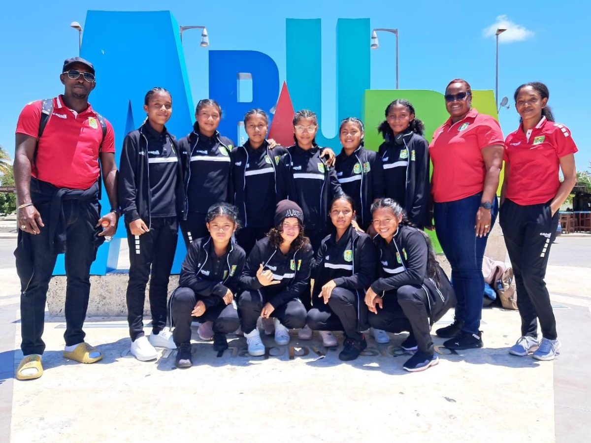 The Guyana U15 Girls National squad posed for a photo along with their coaches upon arriving in Aruba yesterday. They will head into action on Tuesday (August 6) with their first match against Anguilla. 
