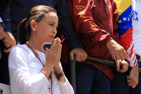 Venezuelan opposition leader Maria Corina Machado gestures during a march amid the disputed presidential election, in Caracas, Venezuela August 3, 2024. REUTERS/Maxwell Briceno