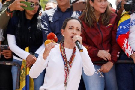 FILE PHOTO: Venezuelan opposition leader Maria Corina Machado speaks during a protest against election results that awarded Venezuela's President Nicolas Maduro with a third term, in Caracas, Venezuela, August 3, 2024. REUTERS/Leonardo Fernandez Viloria/File Photo