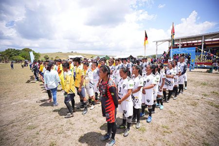 President Irfaan Ali yesterday attended the North Pakaraimas District Games 2024 at the Kamana Community Ground, Region Eight. This Office of the President shows some of
the teams at the ready. 