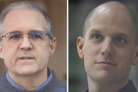 A combination picture shows former U.S. Marine Paul Whelan (left), who was detained and accused of espionage, as he speaks inside a defendants’ cage during a court hearing to consider an appeal to extend his detention, in Moscow, Russia June 20, 2019, and “The Wall Street Journal” reporter Evan Gershkovich, who stands trial on spying charges, inside an enclosure for defendants before a court hearing in Yekaterinburg, Russia June 26, 2024. REUTERS/Maxim Shemetov and Evgenia Novozhenina