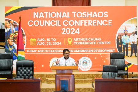 Ashni Singh during his presentation at the National Toshaos Council conference
