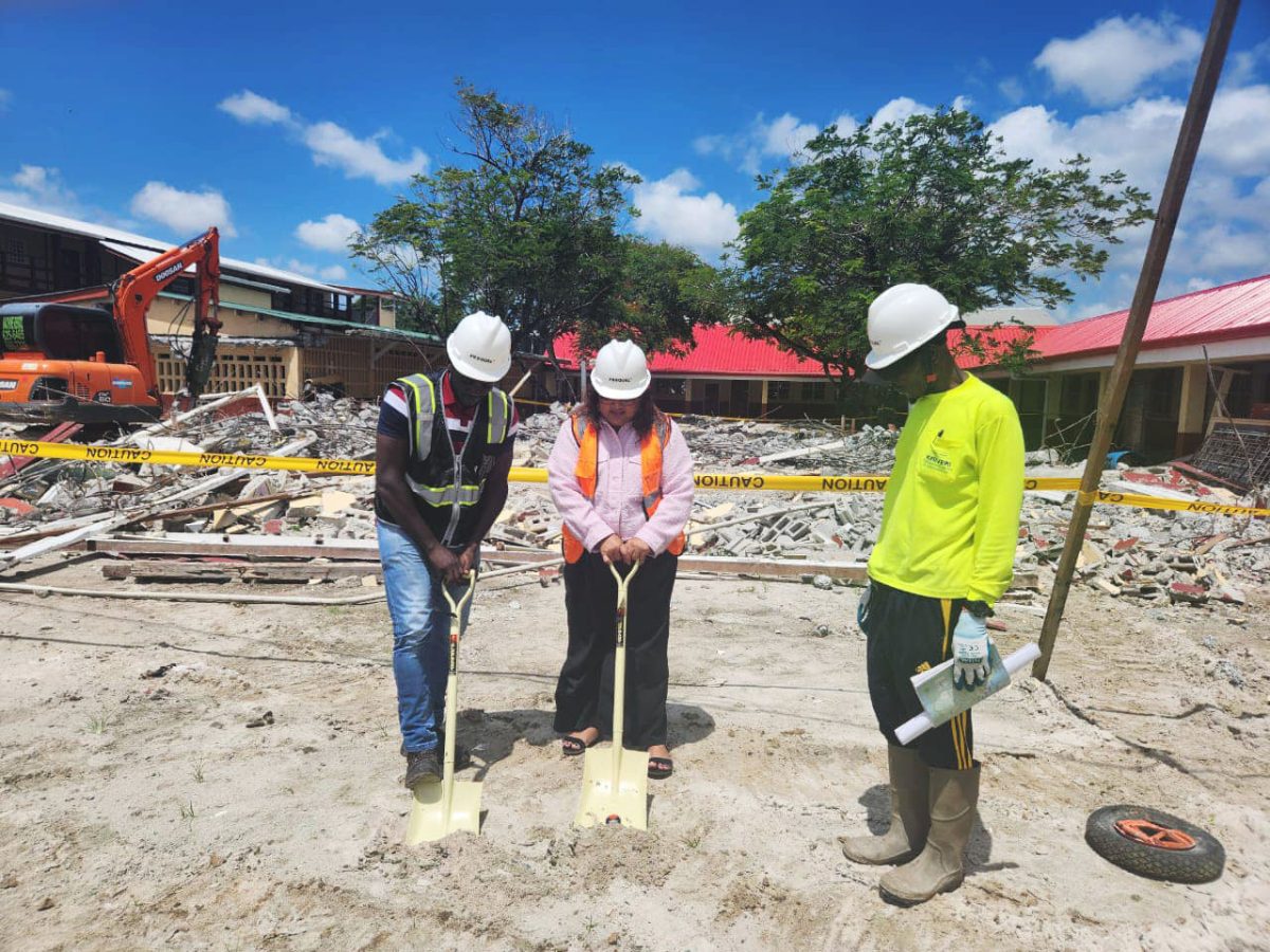 The sod turning. Minister of Education Priya Manickchand is at centre. (Ministry of Education photo)