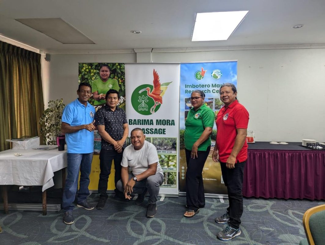  The South Rupununi District Council (SRDC) on Sunday met with the Guyana Marine Conservation Society. Kid James, the SRDC’s programmes coordinator, shared valuable insights and experiences gleaned from the SRDC’s successful implementation of projects and district coordination.
Also in this photo are the SRDC’s Chairman, Daniel Aguilar, Toshao of Maruranau; Vice Chairman, Nicholas Fredericks, Toshao of Shulinab; Treasurer Joan Stephens, Senior Councillor of Meriwau; and Assistant Treasurer, Bernadine Fernandes, Toshao of Sawariwau. (SRDC photo)
