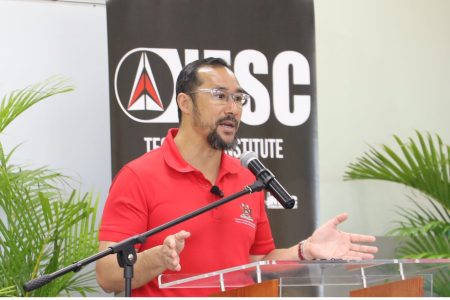 Minister of Energy Stuart Young speaks during his visit to the NESC Drilling Academy in Ste Madeleine yesterday.