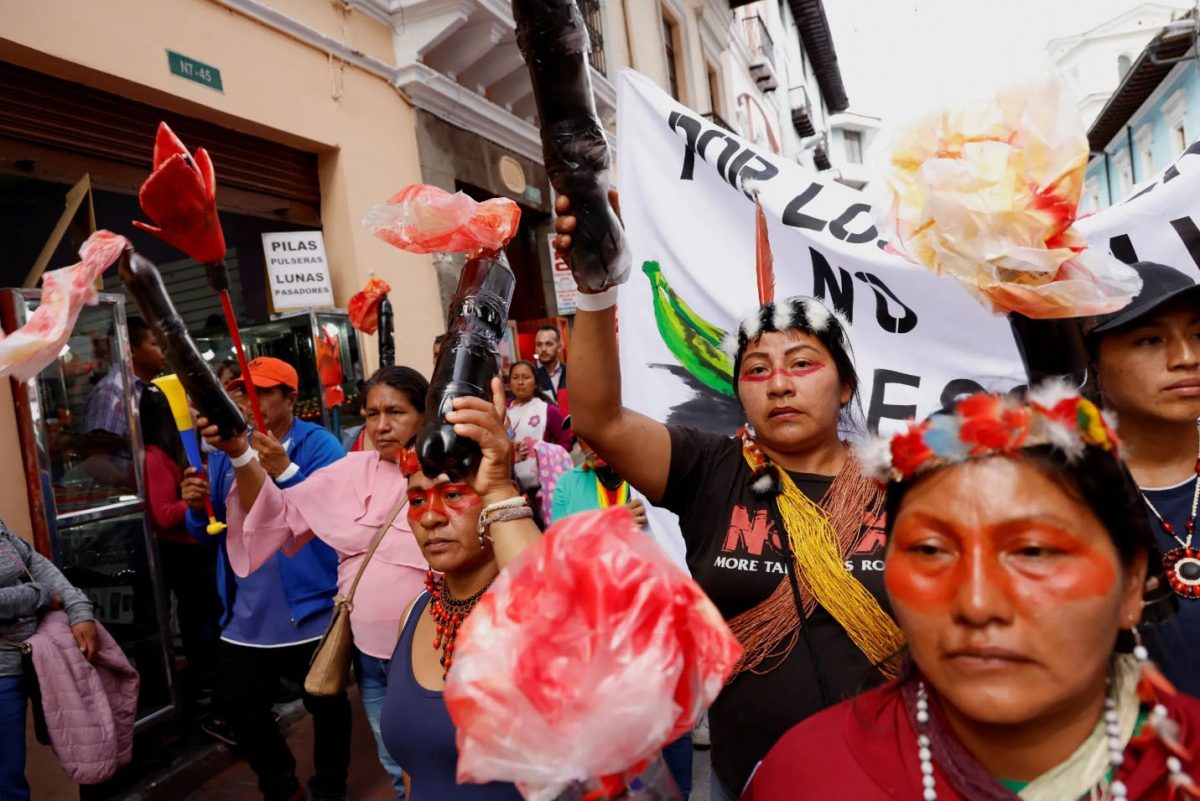 Members of Ecuadorean indigenous communities march demanding that the government comply with court orders to halt the use of hundreds of gas flares by oil producers in the country’s Amazon, in Quito, Ecuador March 12, 2024. REUTERS/Karen Toro