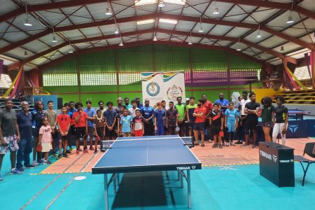 The participants in the inaugural President’s Cup Table Tennis
Tournament posed for a group photo at the National Gymnasium.
