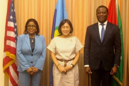 US Trade Representative Katherine Tai (centre) with Guyana’s Minister of Foreign Affairs Hugh Todd (right) and Trinidad ‘s Minister of Trade Paula Gopee-Scoon. (Department of Public Information photo)