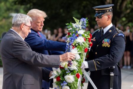 Bill Barnett, left, grandfather of Darin Taylor Hoover, and Republican presidential nominee former president Donald Trump place a wreath at Arlington National Cemetery, Aug 26, 2024. (Photo: AP/Alex Brandon)