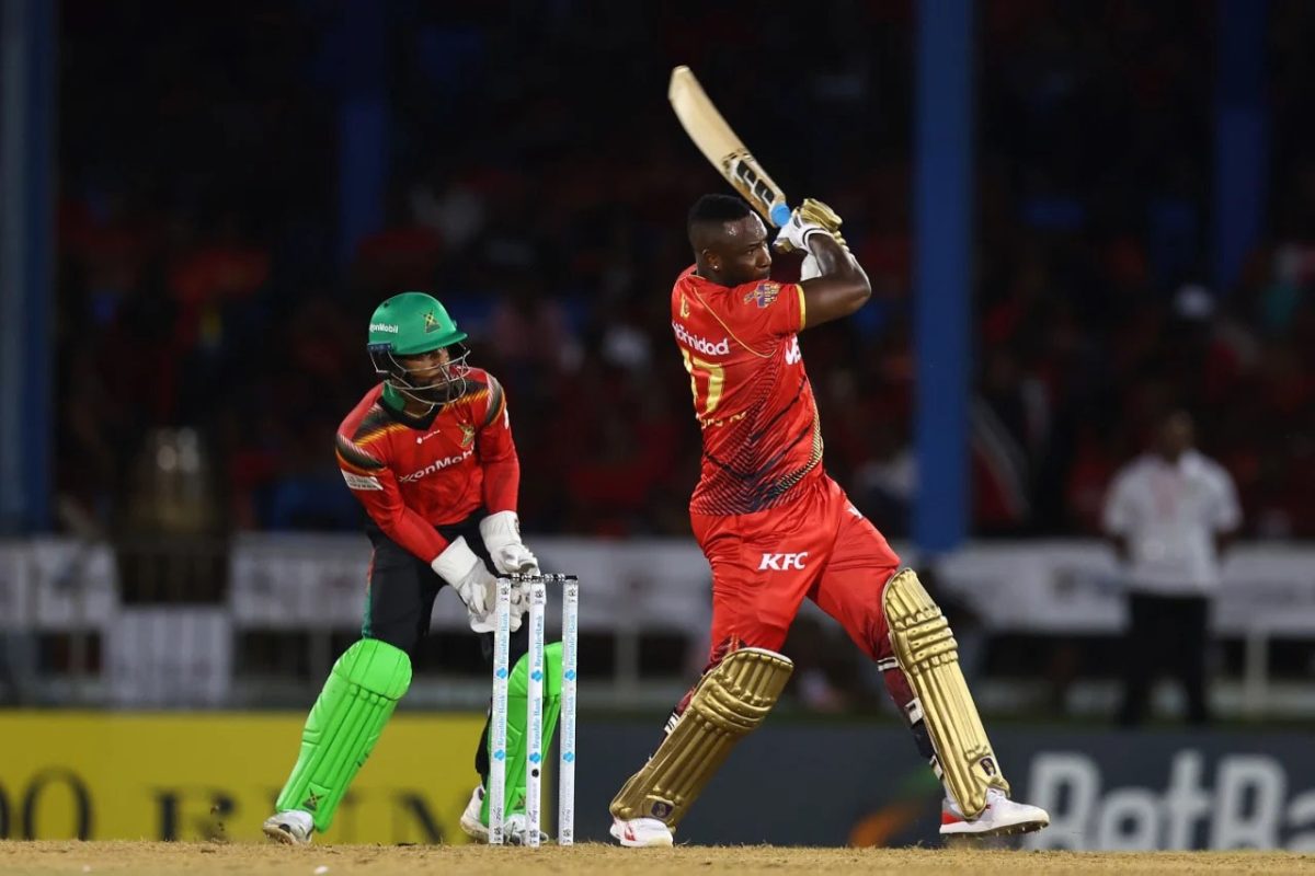 Andre Russell muscles a delivery into the stands as he smashed a game winning inning of 36 from 15 deliveries (CPL Photo)