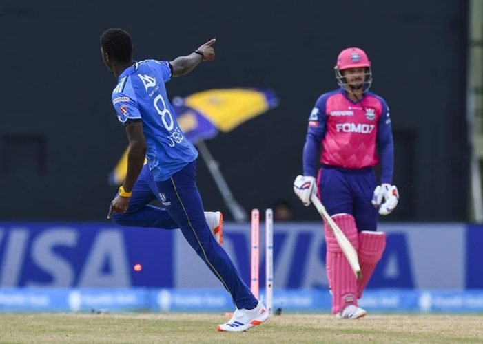 Alzarri Joseph celebrates after bowling Quintin de Kock, the tournament’s leading scorer, for two (CPL Photo).