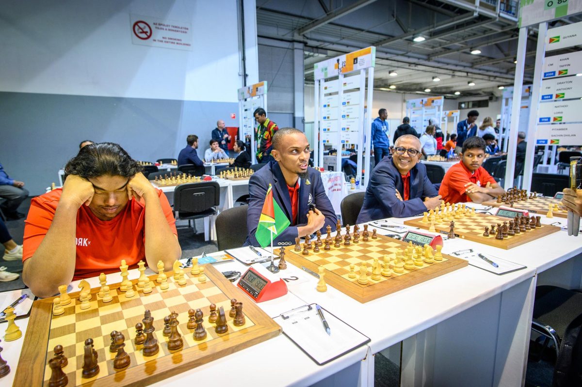 Part of the Guyana open team (from left) that participated at the World Chess Olympiad in Hungary. Seated left to right are CM Taffin Khan, FM Anthony Drayton, Loris Nathoo, and Sachin Pitamber