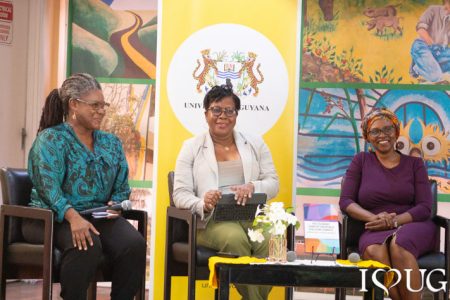 Co-authors (from left to right); Head of the UG’s Chemistry Department, Dr Dawn Fox; Director of UG’s Institute of Distance and Continuing Education (IDCE), Dr Jacqueline Murray; and Chemistry lecturer and Former Assistant Dean of the Faculty of Natural Sciences, Medeba Uzzi; speaking about the book on Friday