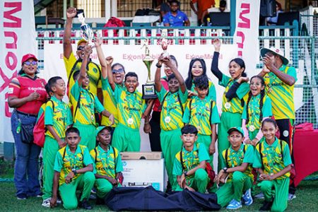 The victorious Huis T’ Dieren Primary School in full celebratory mode in the presence
of tournament officials after winning the Future Warriors Tapeball National Championship.