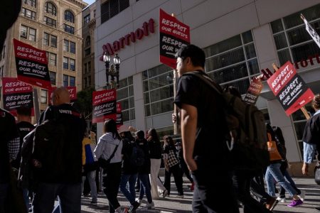 Unionised hotel workers attend a protest demanding significant pay raises, in San Francisco, in May 2024. PHOTO: REUTERS