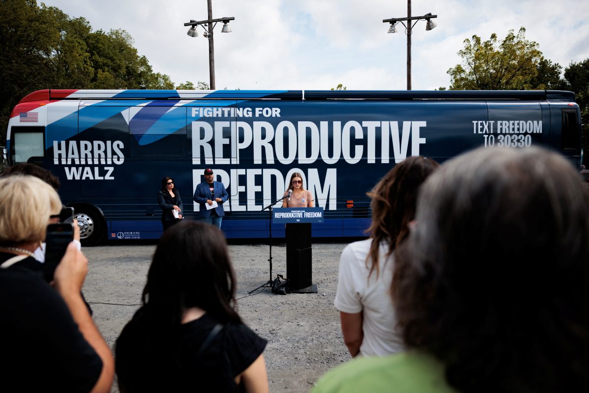 Hadley Duvall speaks during an event held by the Harris-Walz campaign's national "Fighting for Reproductive Freedom" bus tour at Fountain Park in Allentown, Pennsylvania, U.S., September 17, 2024. REUTERS/Hannah Beier