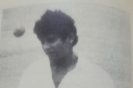 Inshan Ali in action during the 1974 Shell Shield Season when he created a new tournament record of 27 wickets (Source:1974 West Indies Cricket Annual)