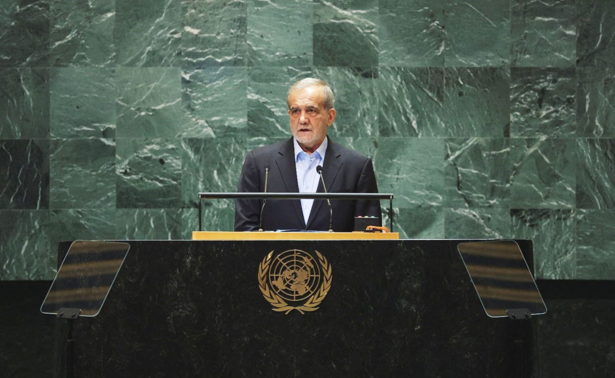 Iran’s President Masoud Pezeshkian addresses the 79th United Nations General Assembly at U.N. headquarters in New York, U.S., September 24, 2024. REUTERS/Mike Segar 