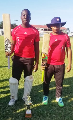 Constable Chemroy Kendall (left) struck an imperious 168 while Constable Troy Drakes recorded 60