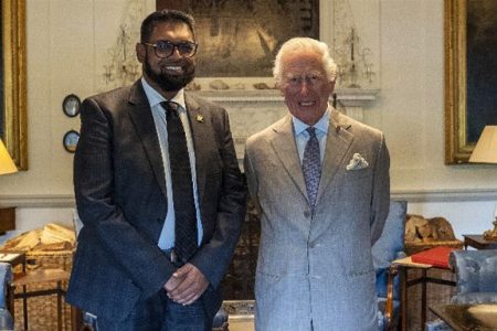 President Irfaan Ali (left) with King Charles III during his visit to Scotland