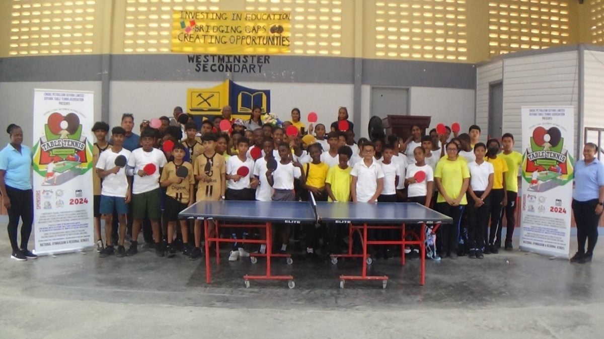 Over 100 table tennis players from Region Three schools flocked the Westminster Secondary School auditorium on the West Bank of Demerara to compete for top honours when the Region 3 Edition of the CNOOC Petroleum Guyana Limited/Guyana Table Tennis Association/Ministry of Education/Ministry of Culture, Youth and Sport Nationwide National Schools Table Tennis Championships got underway on last Friday.
Of those 100 students, forty were girls who competed in the various categories and showed a glimpse of talent that bodes well with respect to prospects for the development of the sport in the region.
Competing in the 13 years and under boys and girls team events, 15 years and under boys and girls team events and 19 years and under team events, Uitvlugt Secondary, Zeeburg Secondary, West Demerara Secondary and Westminster Secondary dominated the respective categories.
Coaches Muniram Persaud and Joseph Lovell provided structured coaching to the students through the Ministry of Education’s priority programme and it showed as the students were impressive during the competition.
National Table Tennis Coach Linden Johnson, Alister Munroe, Candacy Mc Kenzie and Beverly Johnson coordinated the event and had hands-on support from the teachers who came to supervise and support the students.
In the Girls 13 Years and under final,  Uitvlugt “B” defeated Zeeburg “A” to take championship honours. The same school, under Uitvlugt “B” also defeated another group, Uitvlugt “C” to take the Boys 13 Years and Under title.
Over in the Girls 15 Years and under category,  Zeeburg “A” defeated Uitvlugt “B” in the final while West Demerara defeated Uitvlugt “B” in the Boys final of that age group,
In the Girls 19 Years and under segment, Uitvlugt “A” defeated Zeeburg “A” in the finals to take championships honours  The next edition of the championships is slated for Region 7  on October 3 and 4 at the Bartica Community Centre where another large batch of students are expected to participate.
