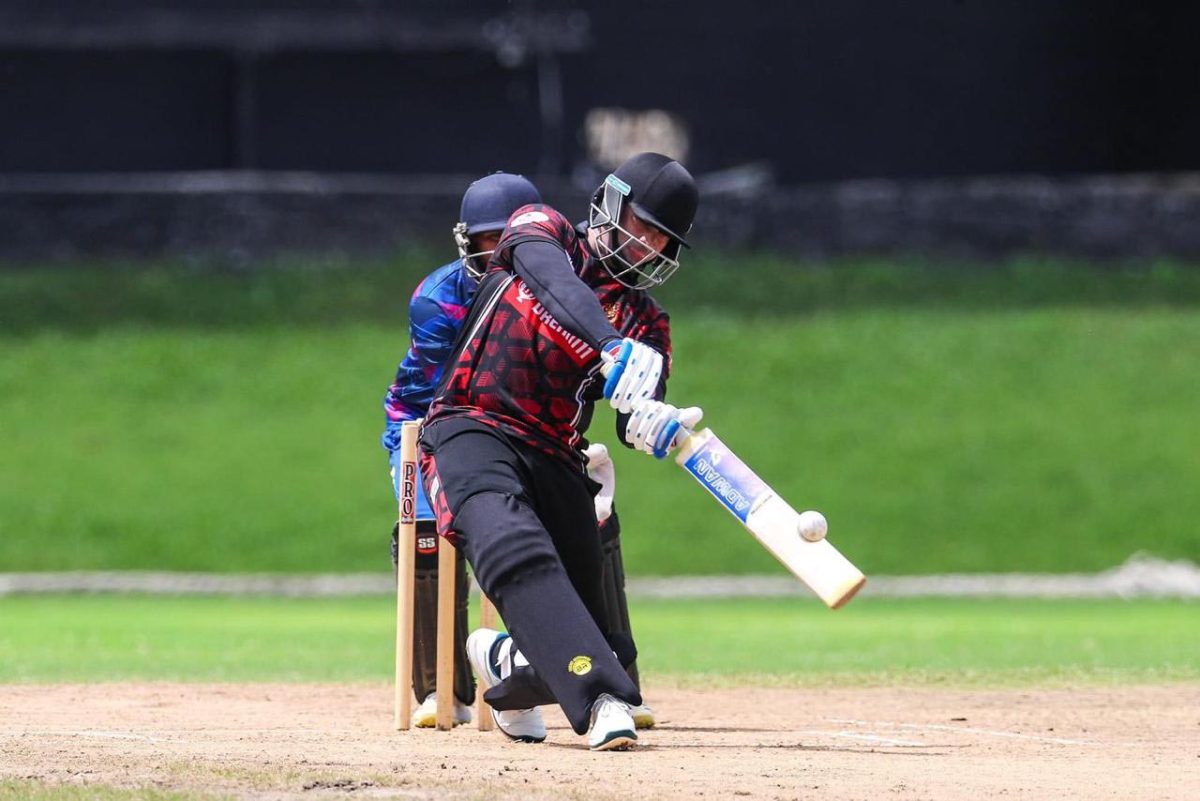 Akshaya Persaud is on the charge during his belligerent innings of 97 against Belle Vue, which included 13 maximums
