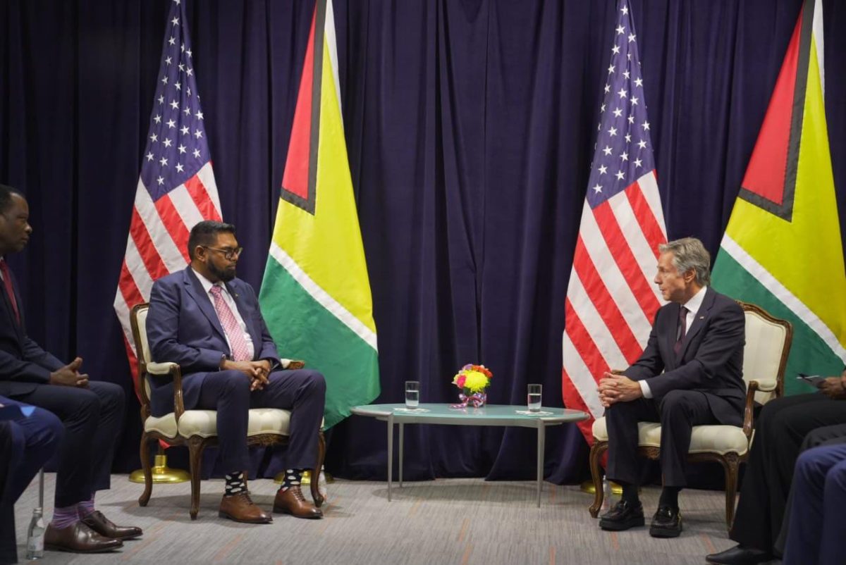 President Irfaan Ali (left) meeting US Secretary of State Anthony Blinken yesterday (Office of the President photo)