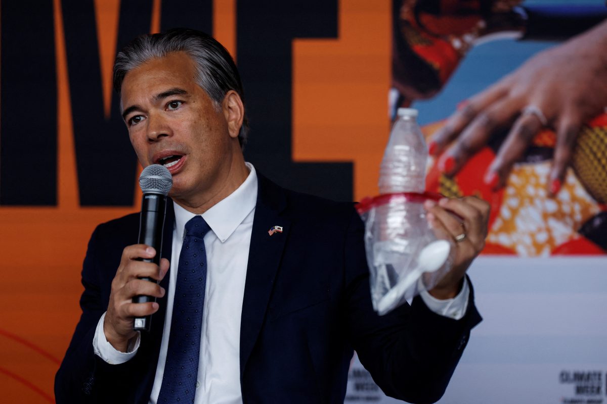 California Attorney General Rob Bonta announces a lawsuit against oil giant Exxon Mobil over its alleged role in global plastic waste pollution, during a press conference event at Climate Week in New York City, U.S., September 23, 2024. REUTERS/Shannon Stapleton