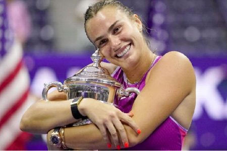 Aryna Sabalenka
celebrates after winning the U.S. Open women’s crown