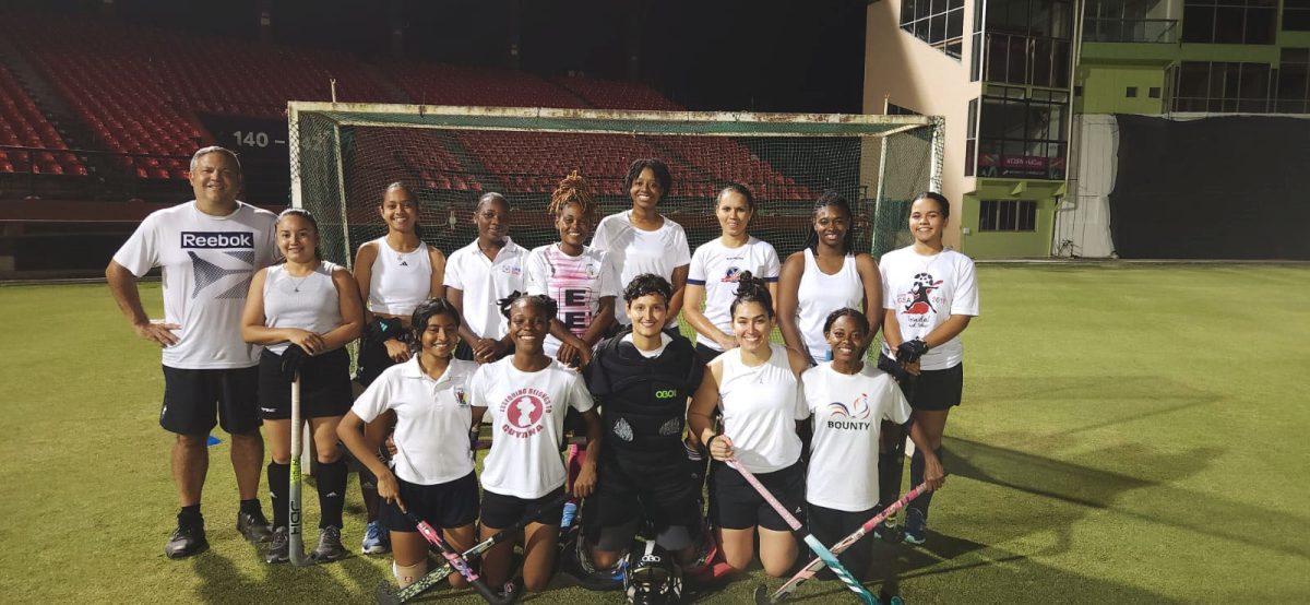 The Guyana Women’s Hockey team posed for a photo after a training session at the Providence National Stadium. Back row
(L-R) – Coach Philip Fernandes, Princessa Wilkie, Sarah Klautky, Abosaide Cadogan, Tekeisha Deleon, Carolyn Deane, Trisha Woodroffe, Makeda Harding, Kirsten Gomes. Front Row (L-R)Kezia Chinian, Makaylah Poole, goalkeeper Alysa Xavier, Gabriella Xavier, Clayza Bobb. Absent from the photo are Madison Fernandes, Chantelle Fernandes and Samantha Fernandes.
