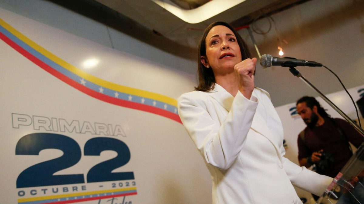 Venezuelan opposition leader Maria Corina Machado speaks during a press conference on October 22, 2023. © Reuters