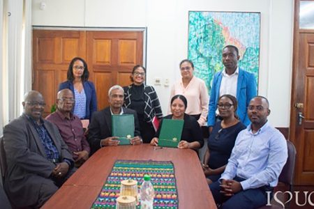 From right, seated: Assistant Vice President, Corporate Management Systems, Massy Distribution and Massy Stores, Christpen Bobb-Semple; UG Deputy Vice Chancellor for Institutional Advancement, Dr Melissa Ifill; UG Vice-Chancellor, Professor Paloma Mohammed Martin; Chairman, Massy Guyana, Navindra Thakur; Deputy Vice Chancellor of Academic Engagement, Professor Emanuel Cummings; Dean of SEBI, Professor Leyland Lucas. From right standing: Assistant Vice President, Commercial, Massy Gas Products, Hekima Paul; Human Resources Manager, Massy Stores, Sharon Rodrigues-Alguram; Quality Manager, Massy Distribution, Tiffany Andrade; and Head of IT & Business Solutions, Massy Guyana, Sherry Ann Khan.