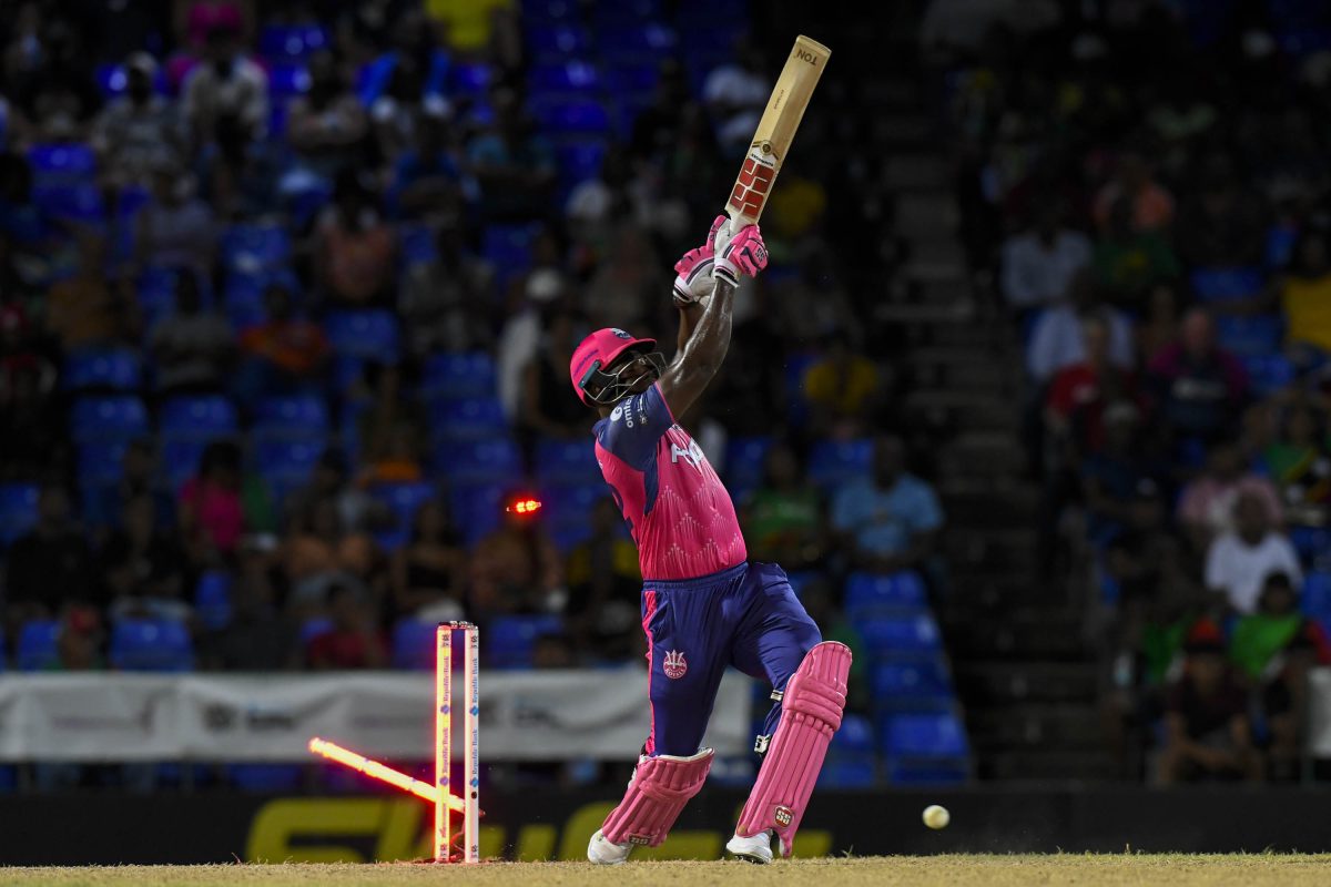 Rovman Powell of Barbados Royals bowled by Anrich Nortje of Saint Kitts and Nevis Patriots during the Men’s 2024 Republic Bank Caribbean Premier League match 9 between Saint Kitts and Nevis Patriots and Barbados Royals at Warner Park Sporting Complex on September 6, 2024 in Basseterre, Saint Kitts and Nevis. (Photo by Randy Brooks/CPL T20 via Getty Images)