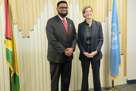 President Irfaan Ali (left) with Samantha Powers (Office of the President photo)