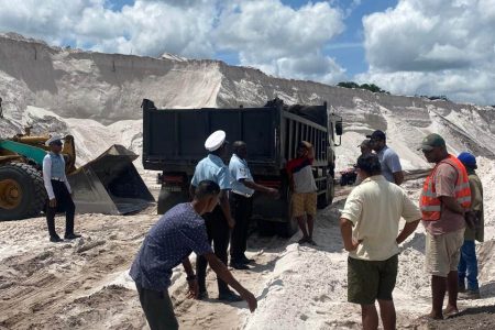 Traffic ranks yesterday conducted sensitization sessions at Basheir Sand Pit, the Ministry of Public Works Sand Pit, Baskaran Sand Pit,  Seenauth Sand Pit and the Vals Sand Pit. (Police photo)